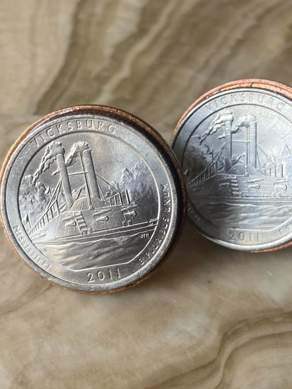 *Handmade 2011 Vicksburg Quarter Coin Cufflinks – Copper Border**